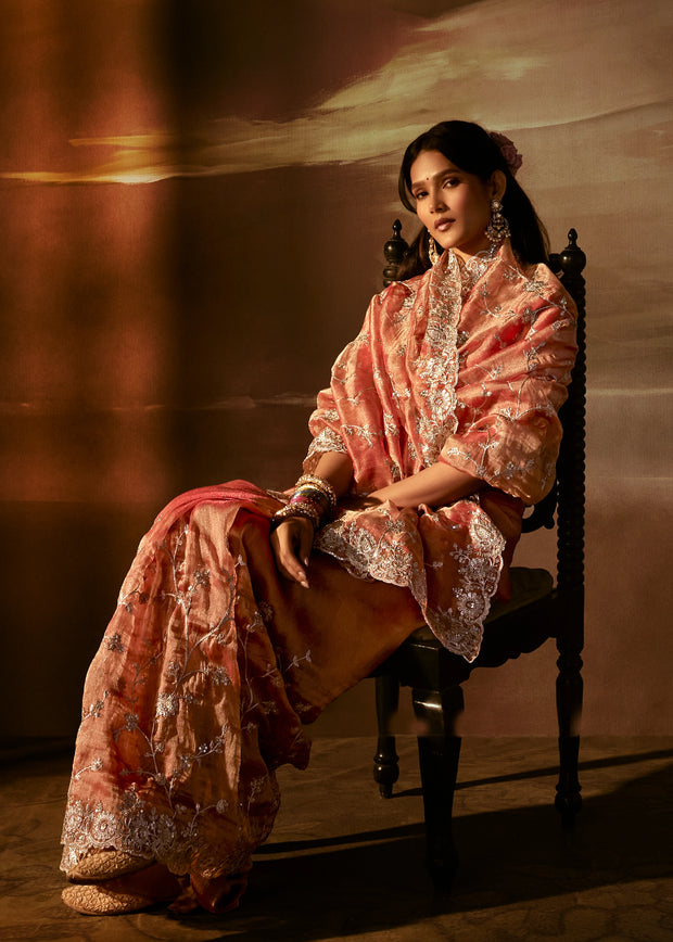 Peachy Orange Embroidered Designer Organza Saree