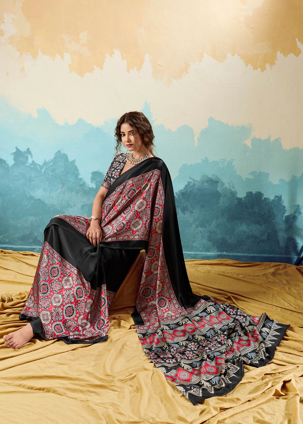 Jet Black Printed Satin Silk Saree