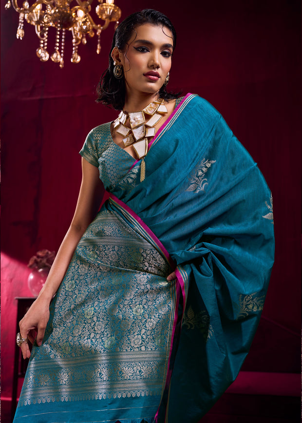 Moroccan Blue Woven Banarasi Satin Linen Silk Saree