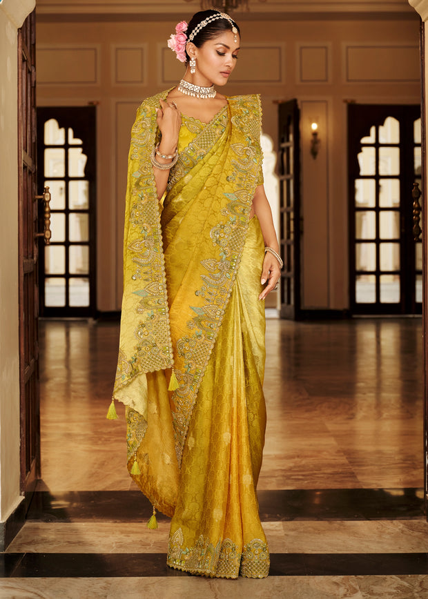 Shades Of Yellow Designer Embroidered Silk Saree