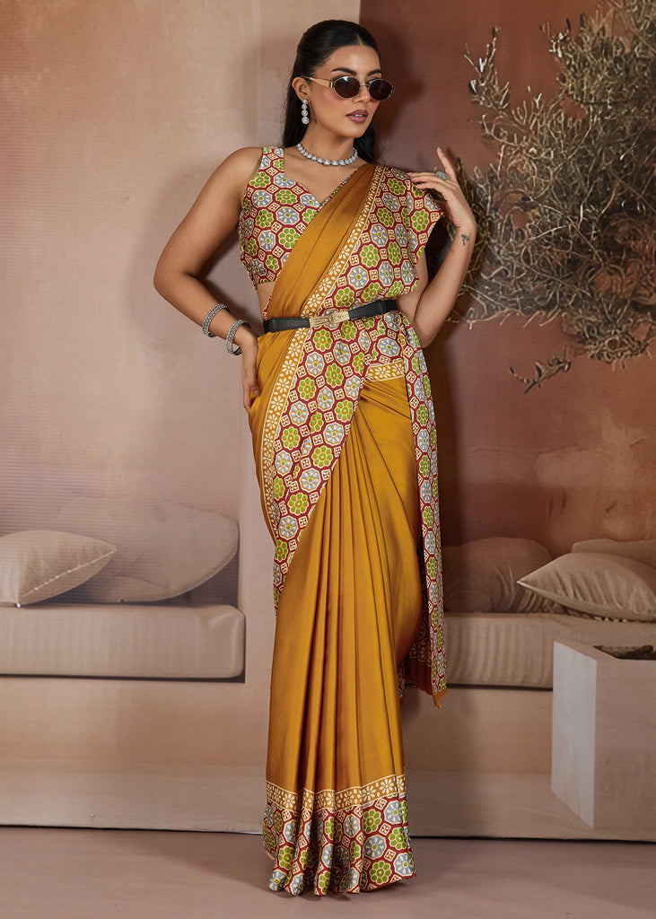 Mustard Yellow Printed Satin Silk Saree