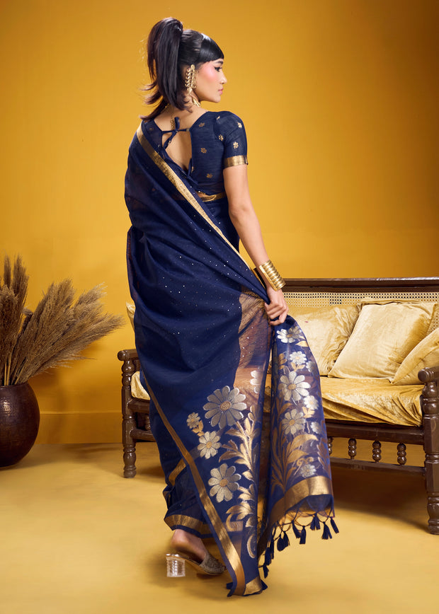 Navy Blue Woven Cotton Silk Saree