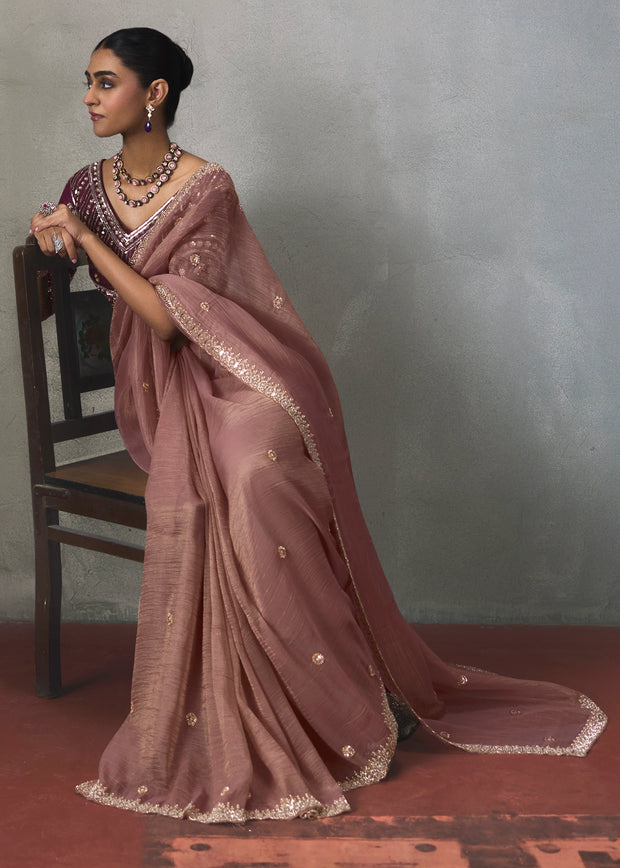 Mauve Embroidered Silk Saree With Heavy Blouse