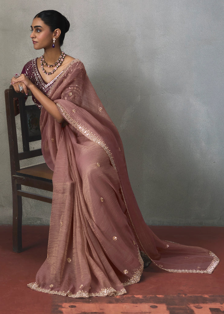 Mauve Embroidered Silk Saree With Heavy Blouse