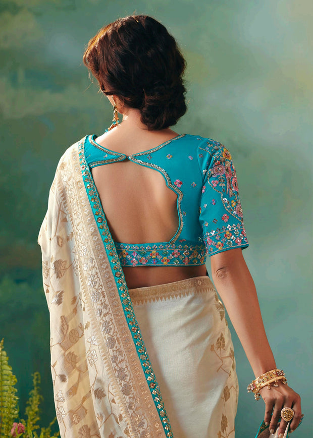 Creamy White Woven Embroidered Banarasi Silk Saree