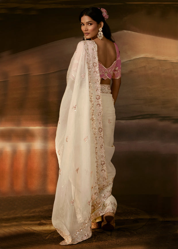 Off White Embroidered Designer Organza Saree