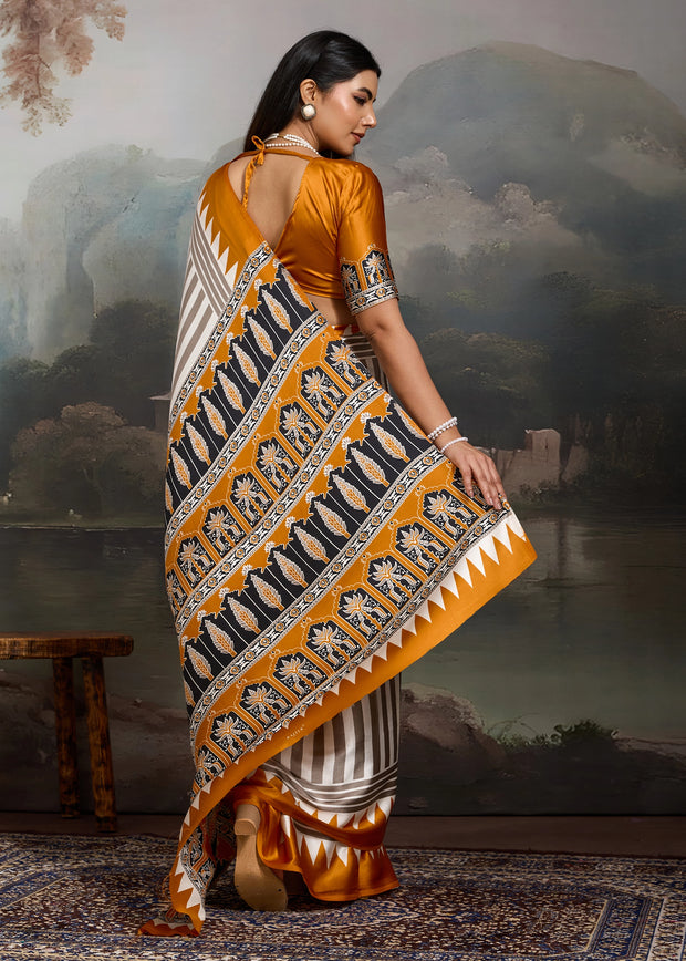 Golden Yellow And White Printed Satin Silk Saree