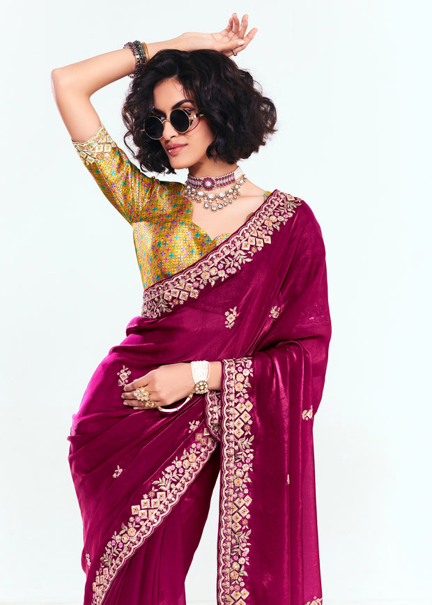 Beet Red Designer Embroidered Tissue Saree