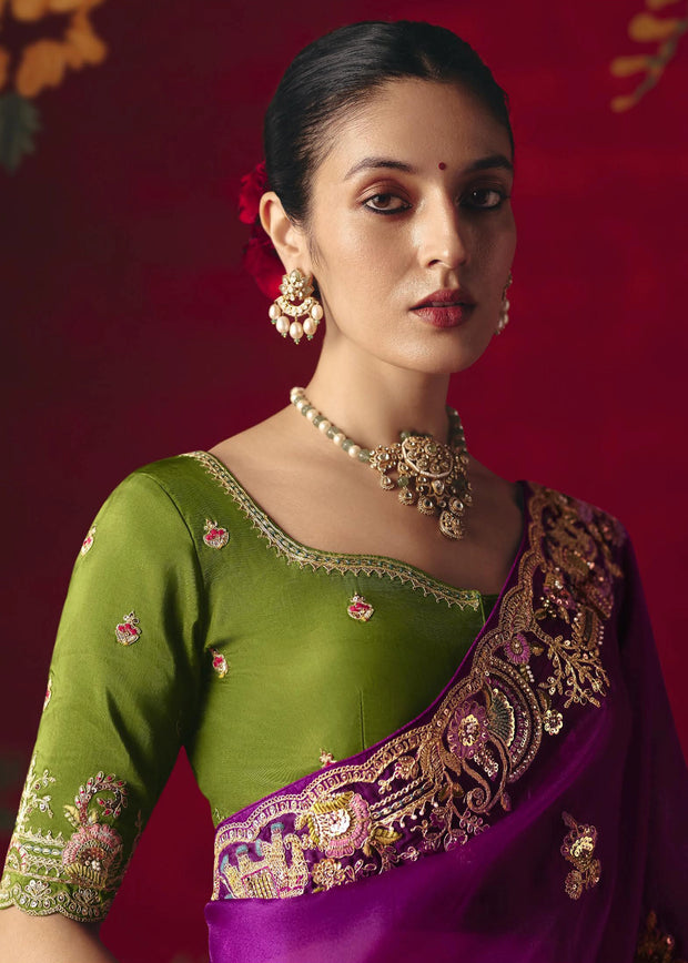 Berry Purple Designer Embroidered Saree