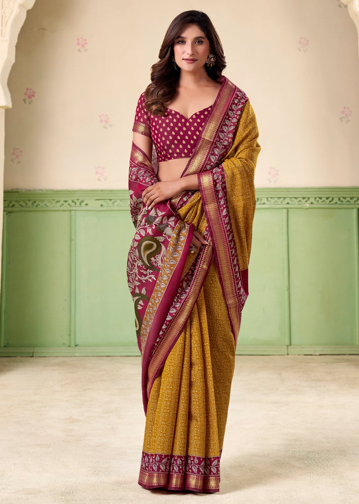 Mustard Yellow kalamkari Printed Cotton Silk Saree