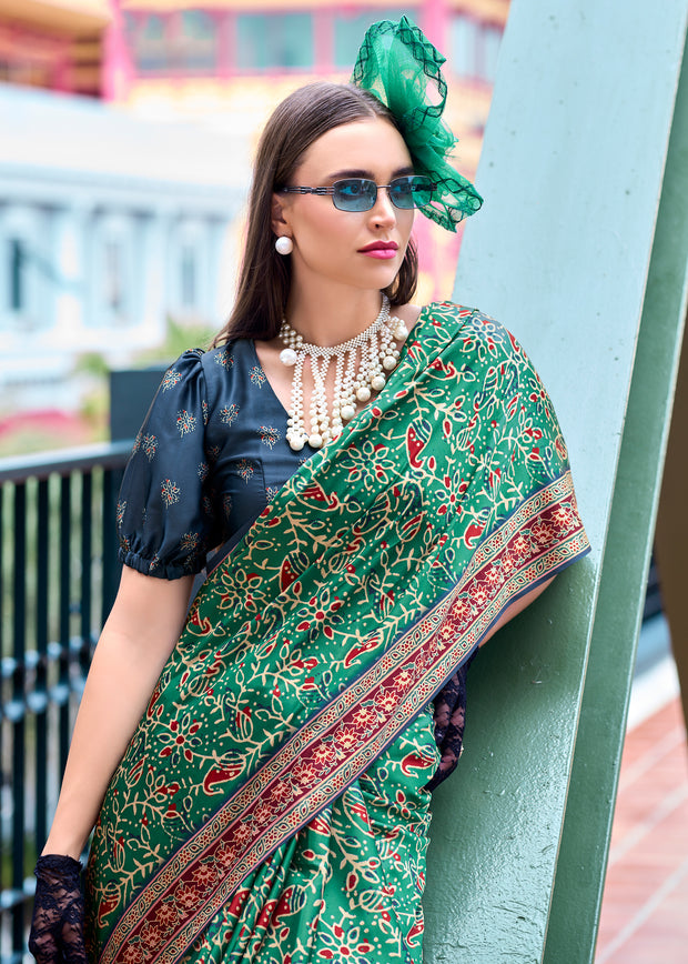 Aspen Green Satin Crepe Digital Printed Saga Saree With Contrast Blouse