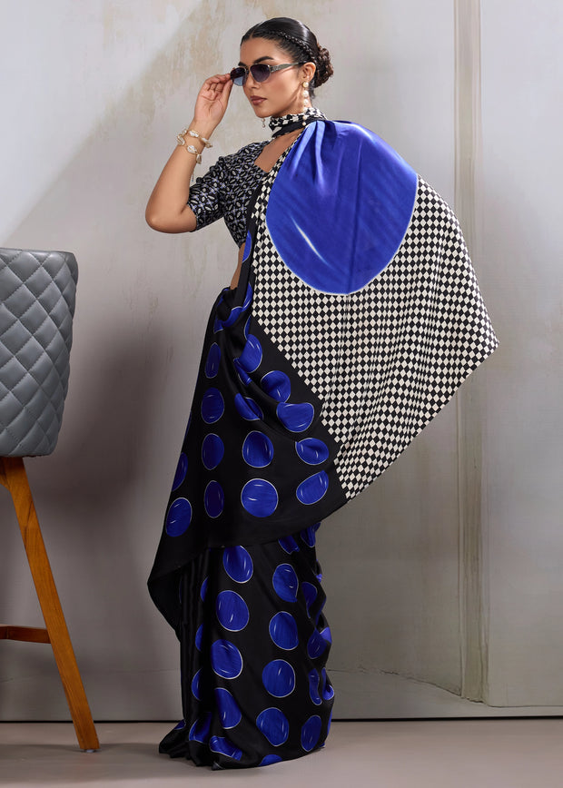 Blue Printed Satin Silk Saree