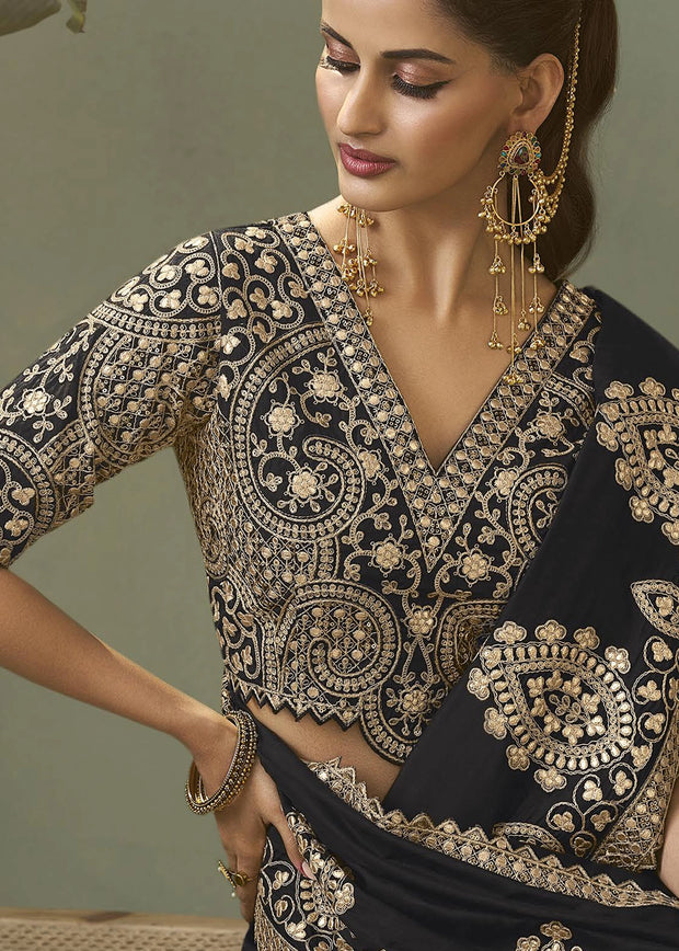 “Exclusive Offer” : Stunning Black Woven Embroidered Silk Saree