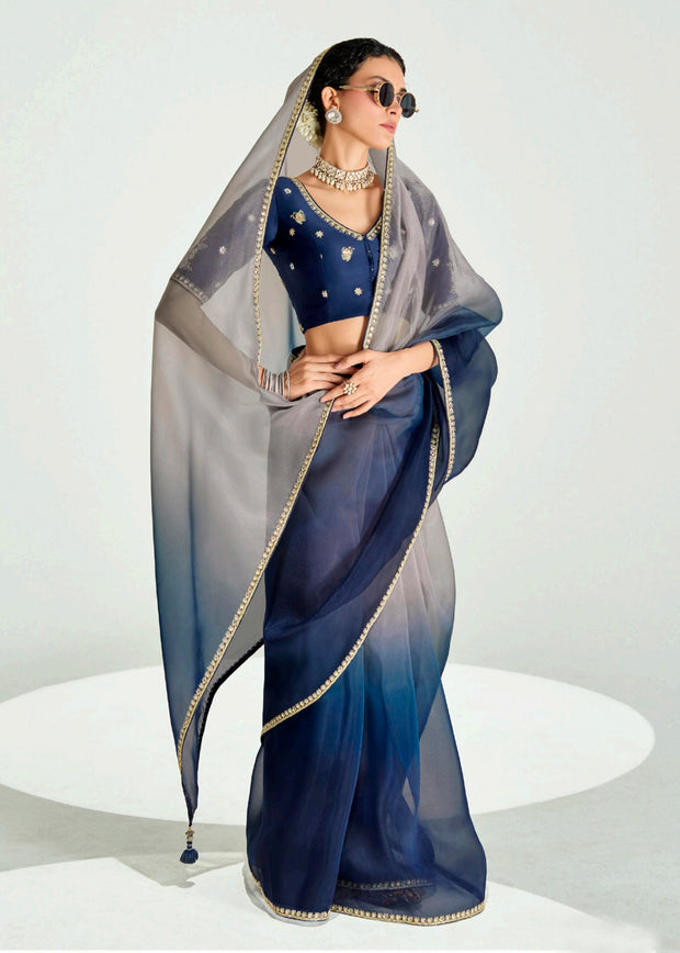 Midnight blue ombre tissue saree with embroidered blouse