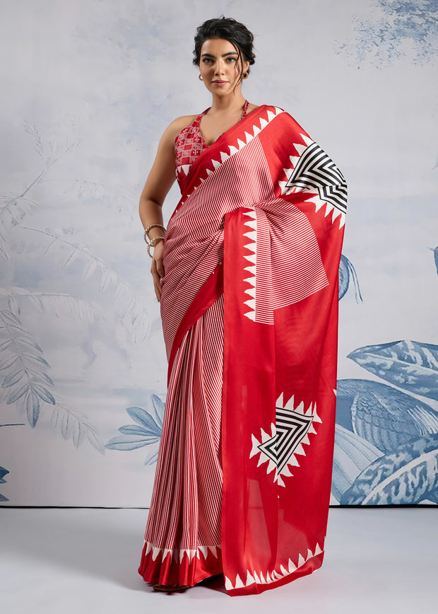 Cherry Red Printed Satin Silk Saree