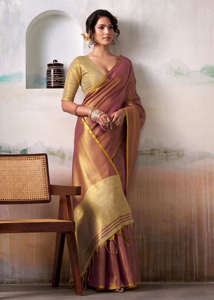 Golden Wine Woven Tissue Silk Saree
