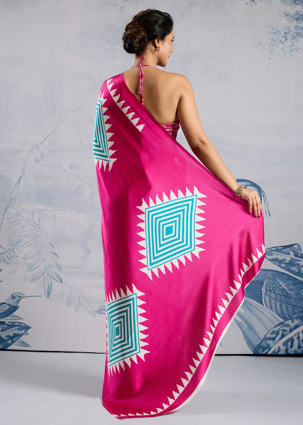Fuchsia Pink Printed Satin Silk Saree