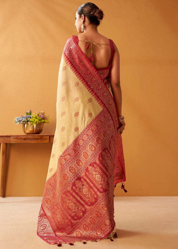 Cream Woven Banarasi Cotton Silk Saree