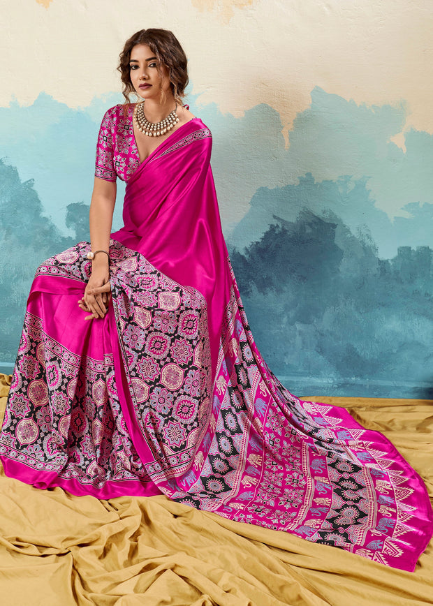 Princess Pink Printed Satin Silk Saree