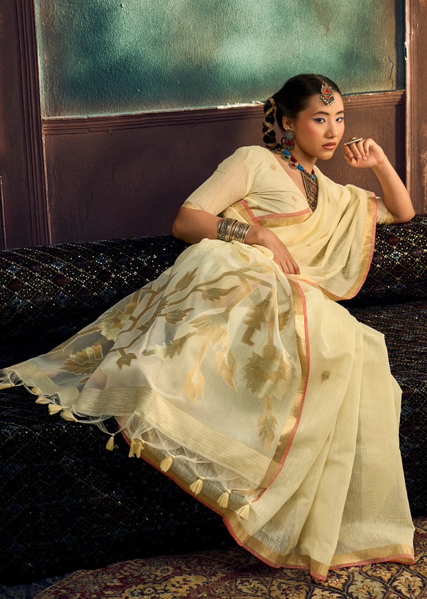 Cream Yellow Woven Cotton Silk Saree