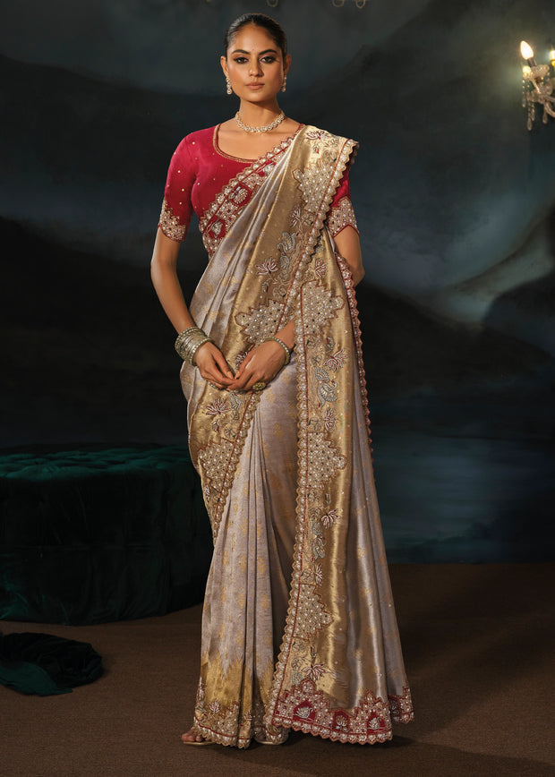 Golden Beige Embroidered Tanchoi Silk Saree