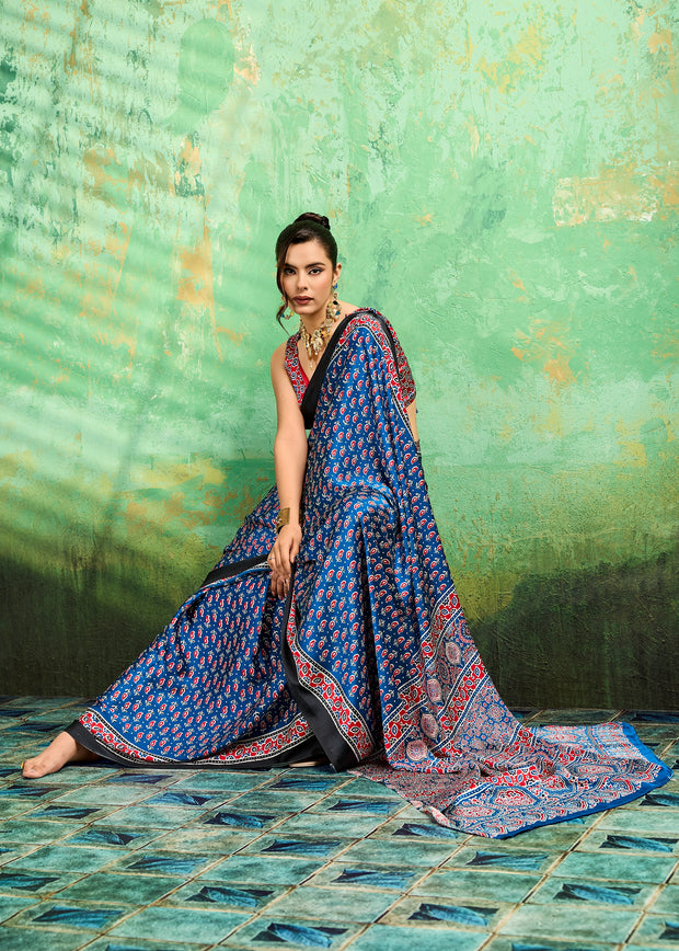 Blue Printed Satin Silk Saree