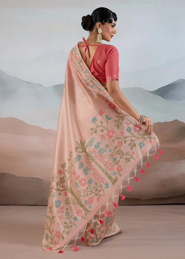 Peach Pink Woven Tissue Silk Saree