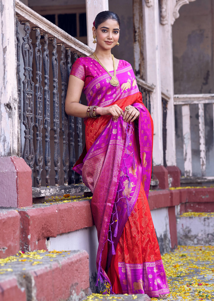 Red And Purple Woven Banarasi Silk Saree
