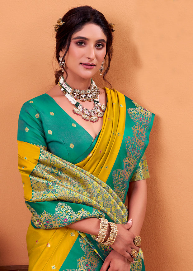 Vibrant Yellow Banarasi Satin Silk Saree