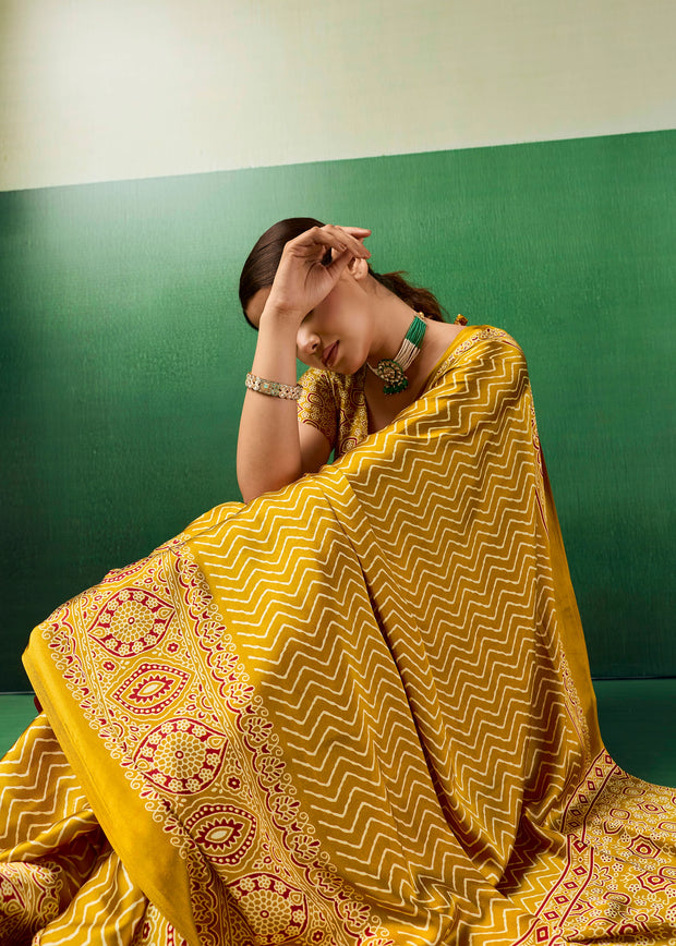 Golden Yellow Printed Satin Silk Saree