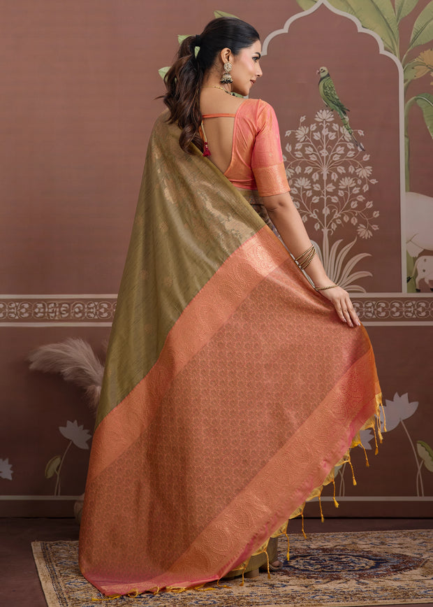 Olive Green Woven Tussar Silk Saree