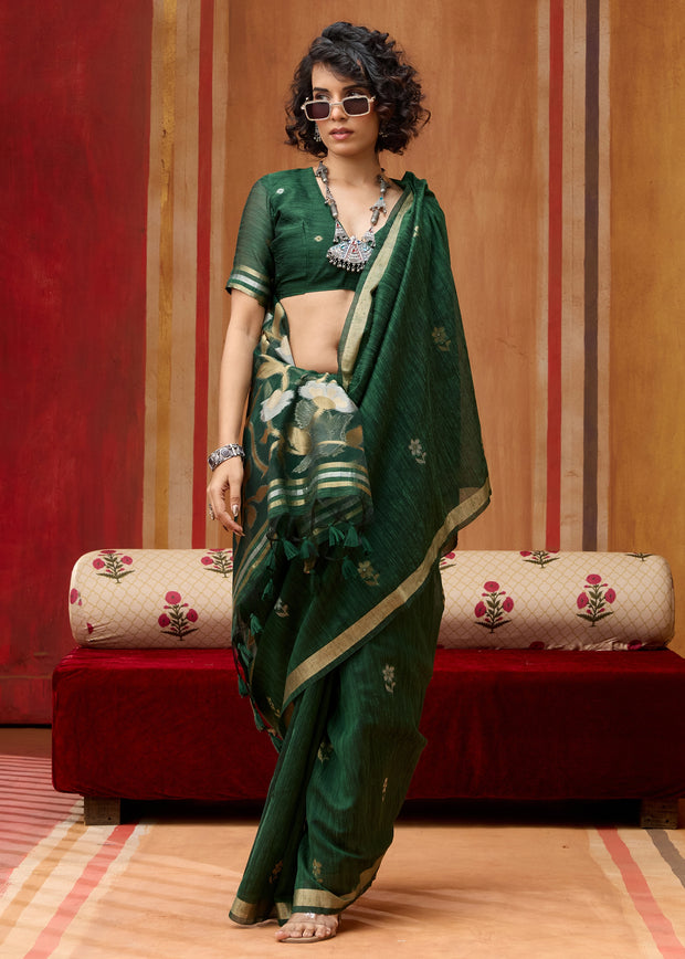 Forest Green Woven Cotton Silk Saree