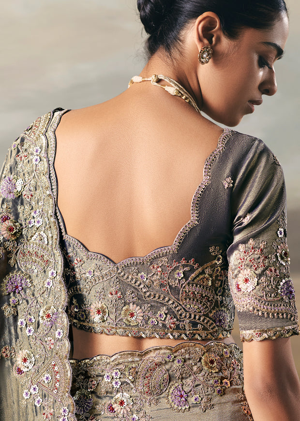 Golden Blue Tissue Embroidered Wedding Wear Saree