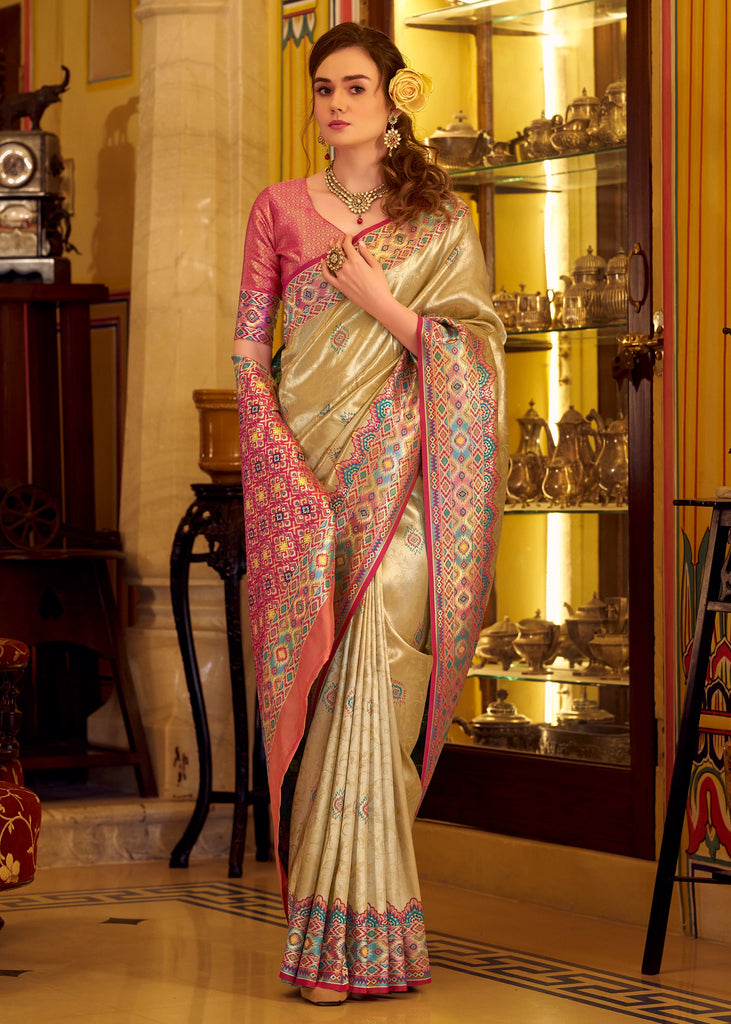 Classy Beige Woven Patola Tissue Silk Saree
