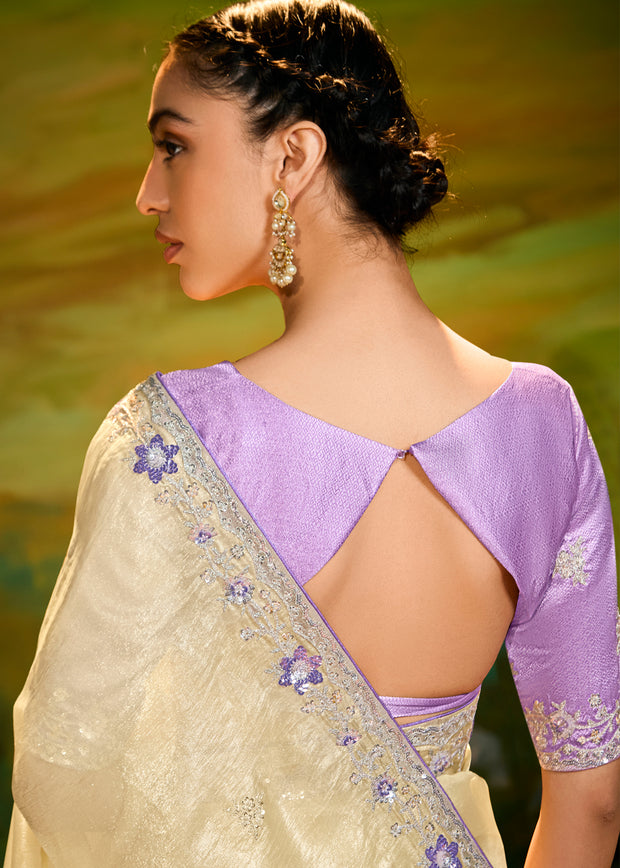 Cream Beige Heavy Embroidered Designer Silk Saree With contrast Blouse