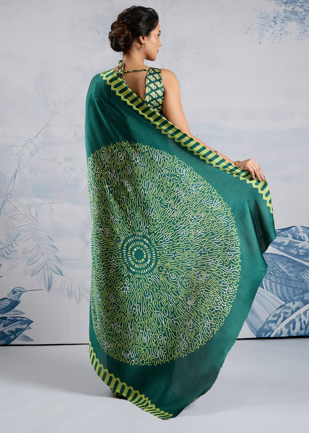 Cadmium Green Satin Silk Saree with Ajrakh Printed Pallu and Blouse
