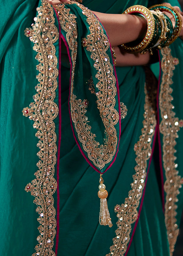 Rama Green Designer Silk Saree With Embroidered Blouse