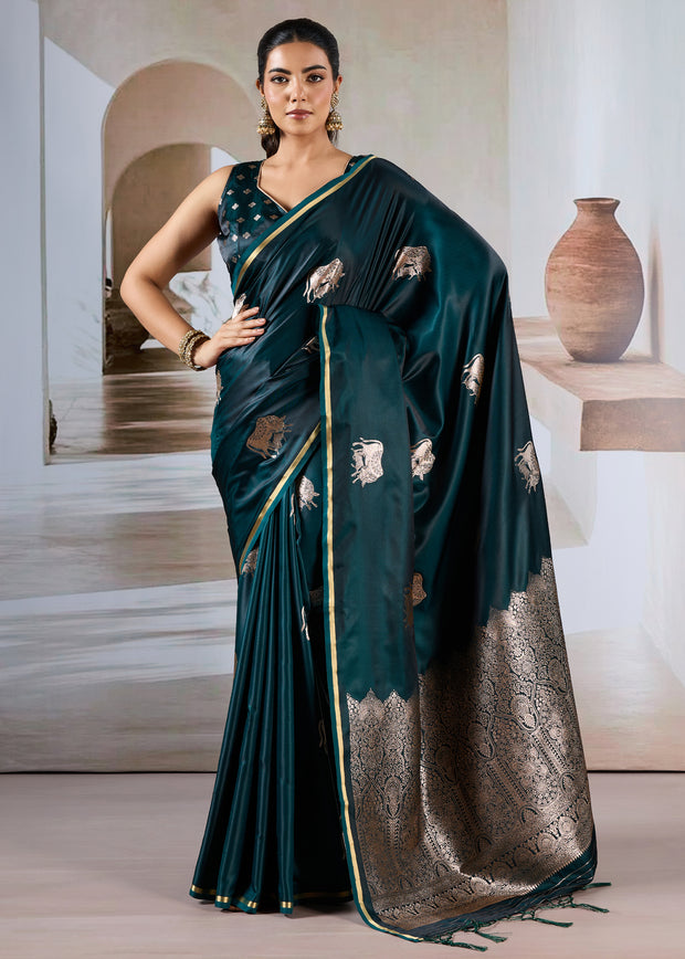 Bottle Green Banarasi Satin Silk Saree