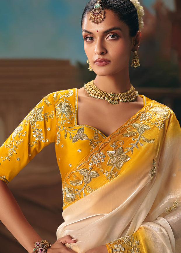 Yellow White Embroidered Designer Saree
