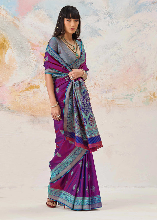 Sparkling Purple Woven Kanjivaram Silk Saree