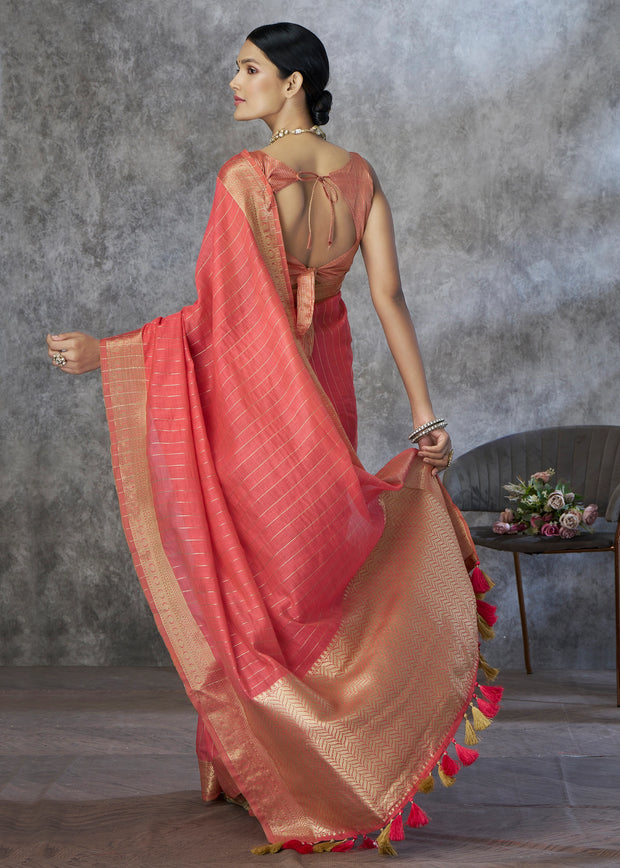 Coral Peach Woven Cotton Saree