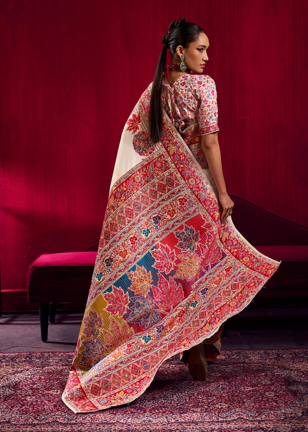 Bright white Woven Cotton Kashmiri Jamewar Saree
