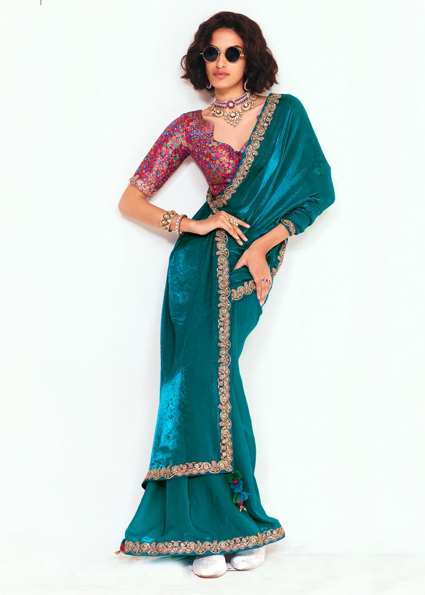 Teal Blue Designer Embroidered Tissue Saree