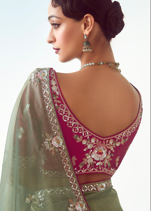 Antique Green Embroidered Designer Tissue Saree