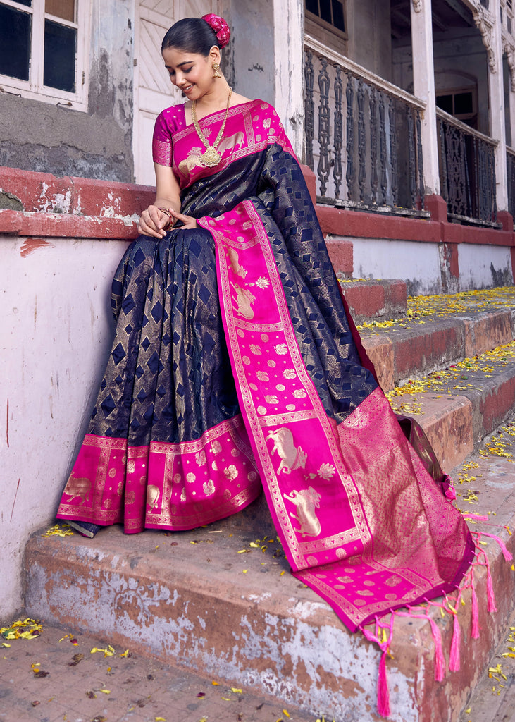 Midnight Blue Woven Banarasi Silk Saree