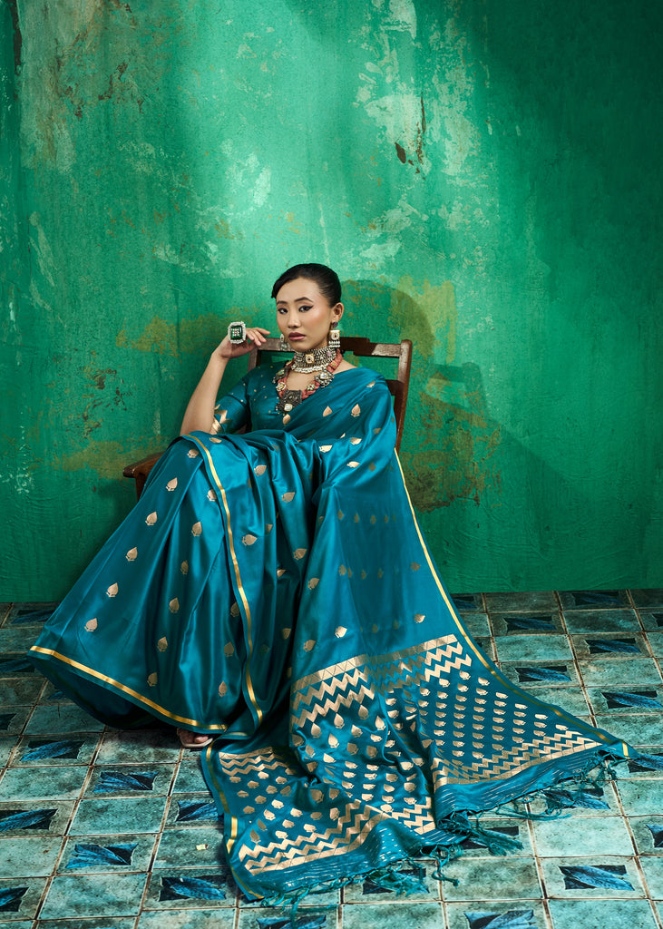 Teal Blue Woven Banarasi Satin Silk Saree