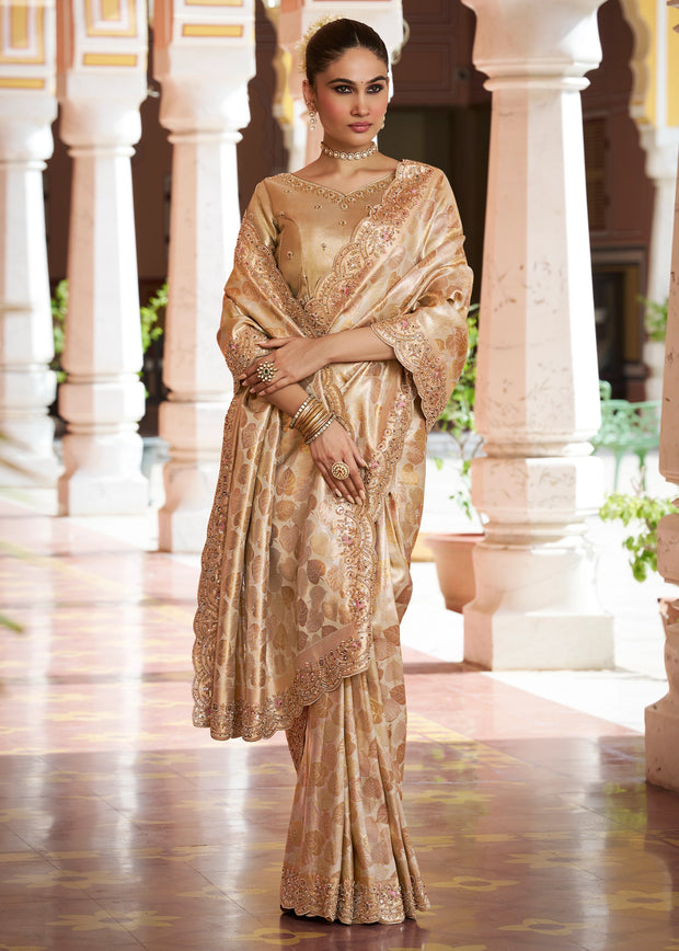 Champagne Beige Bead Work Kanjivaram Soft Silk Saree