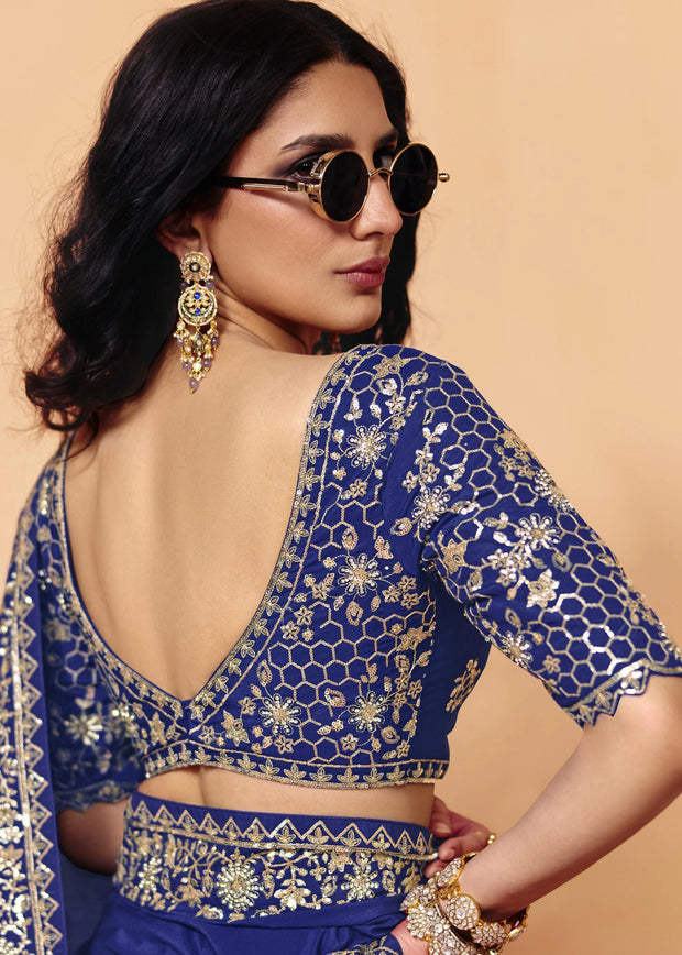 Ultramarine Blue Embroidered Designer Tissue Saree