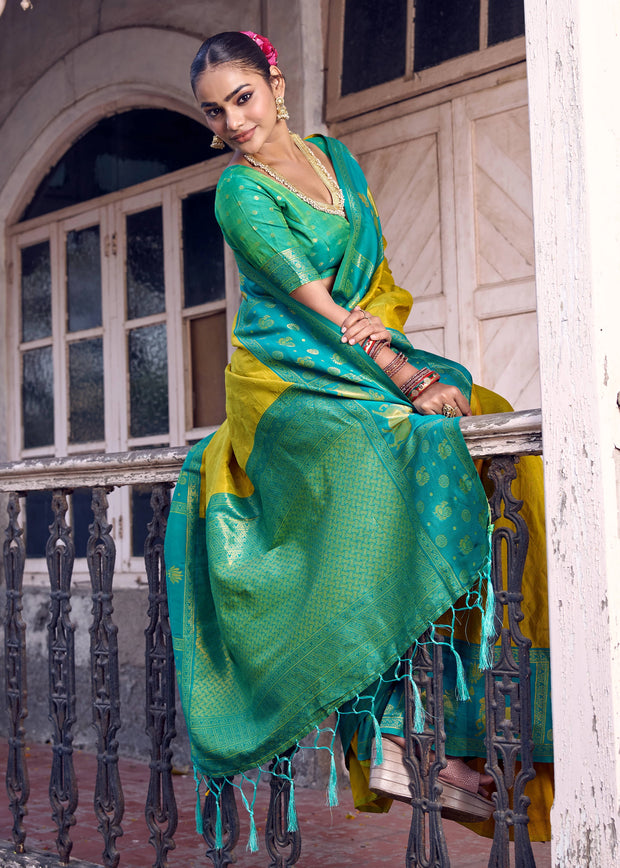 Lime Green Woven Banarasi Silk Saree