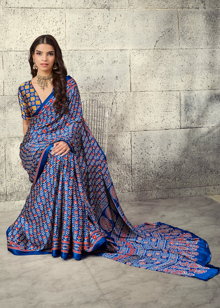 Indigo Blue Printed Satin Silk Saree